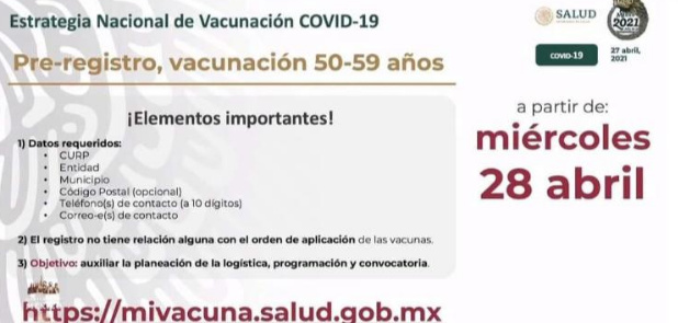 Iniciará vacunacion anticovid de 50 a 59 años
